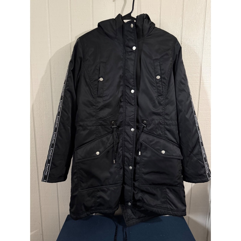 Bebe Sport Womens Black Hooded Parka Jacket Sherpa Lined Logo Tape Size Medium